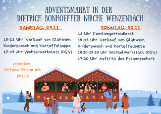 Zwei Hütten, aus denen Dinge verkauft werden. Menschen stehen in einer Winterlandschaft davor.